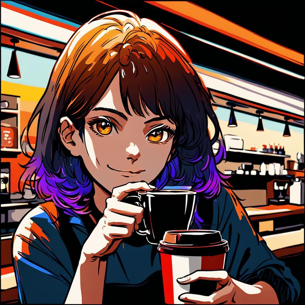 Vibrant Anime Barista in Cozy Cafe, Cel-Shaded Digital Art