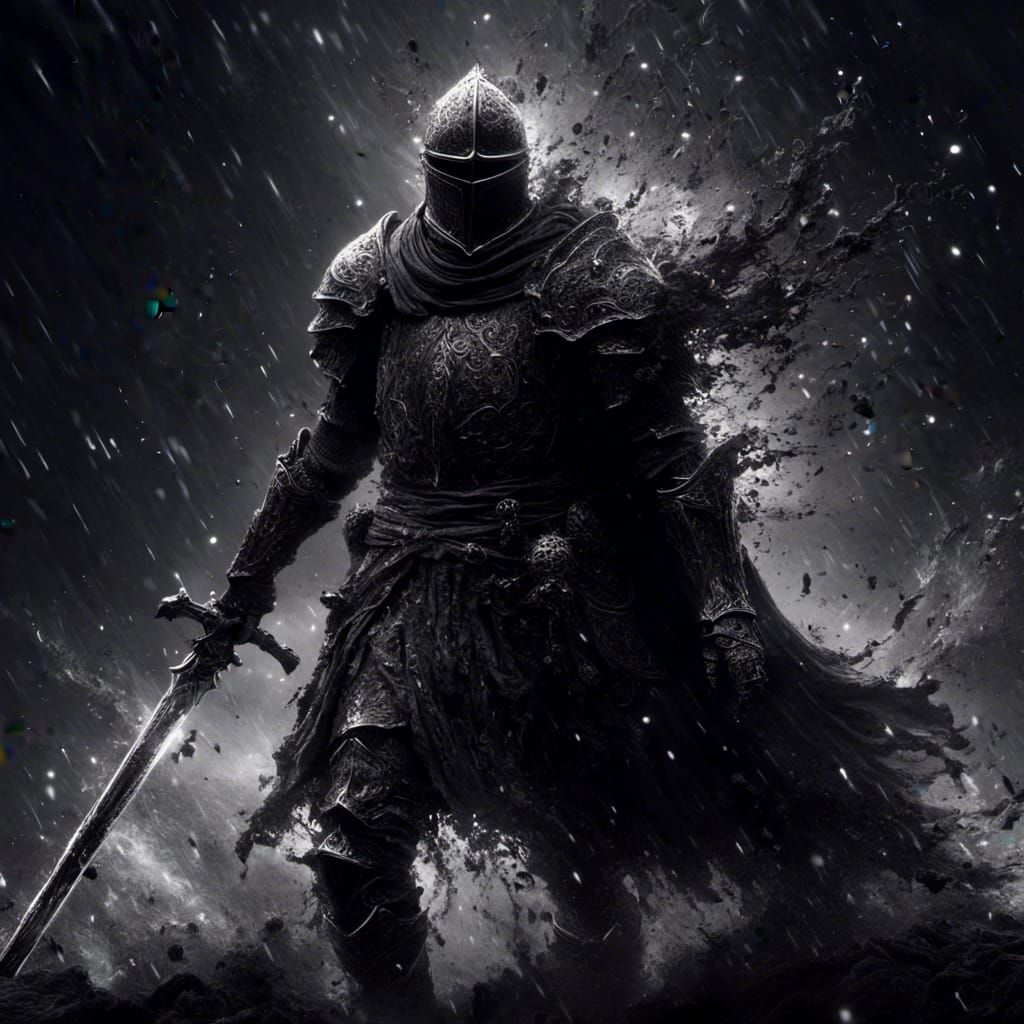 Cinder Knight in Black Armor, Cinematic Dry Brush Art