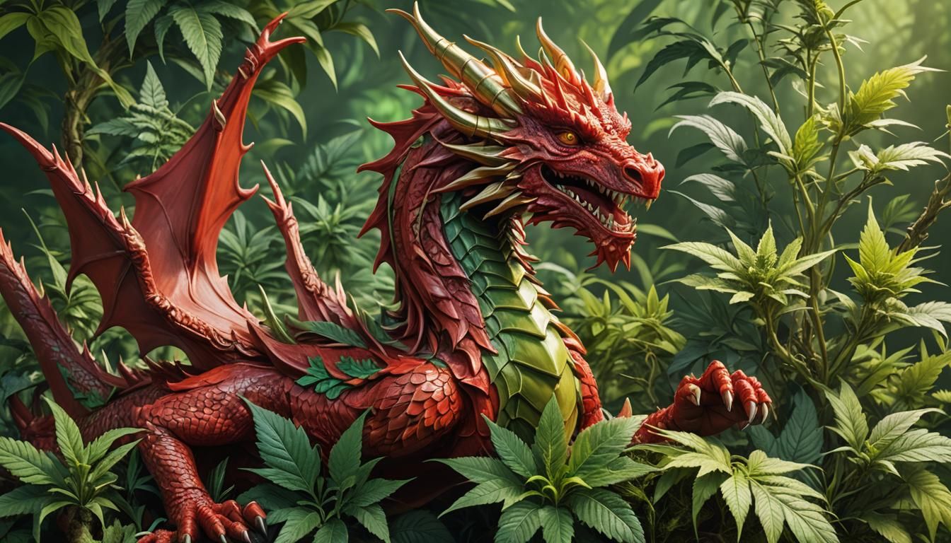 Red Dragon Figurine with Cannabis, Fantasy Art