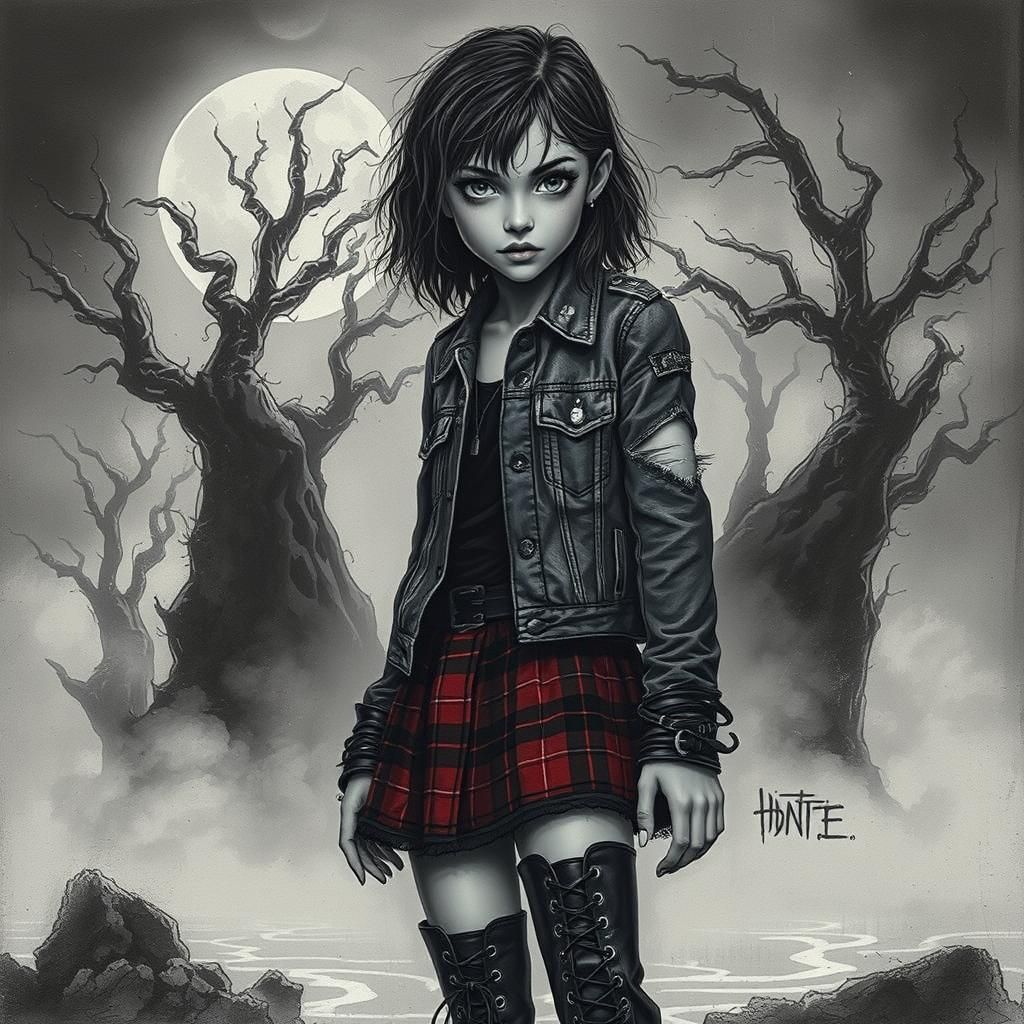 Eerie Charcoal Drawing of a Punk Girl in Mystical Realm