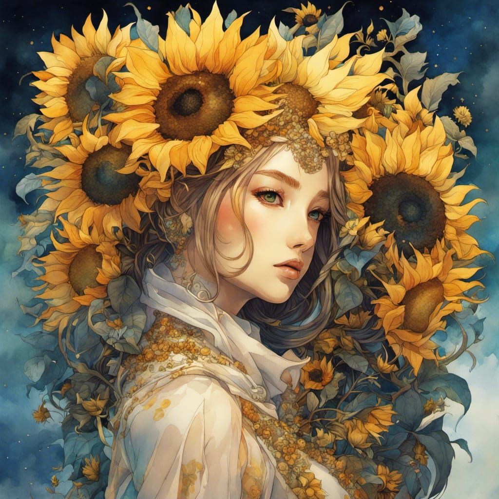 Dreamlike Watercolor: Woman Surrounded by Sunflowers