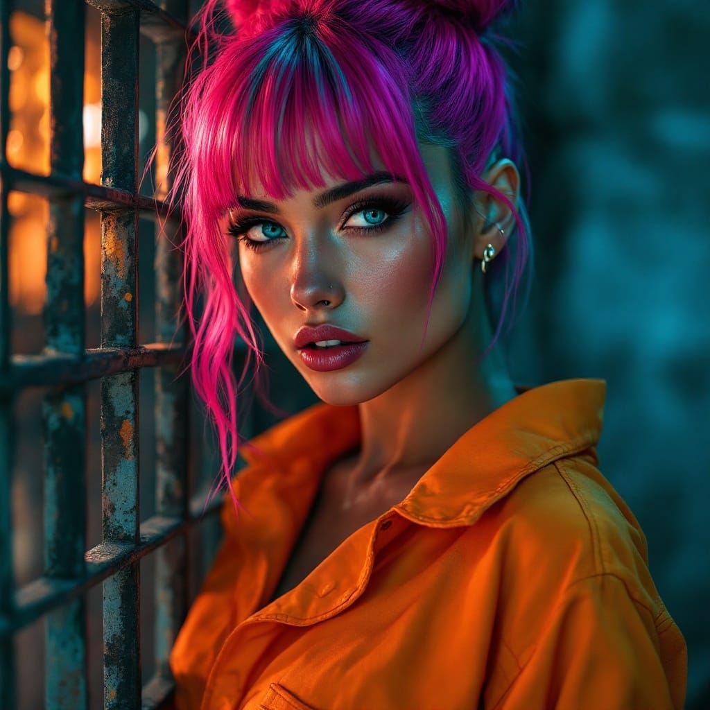 Striking Woman with Pink Hair in Jail Cell