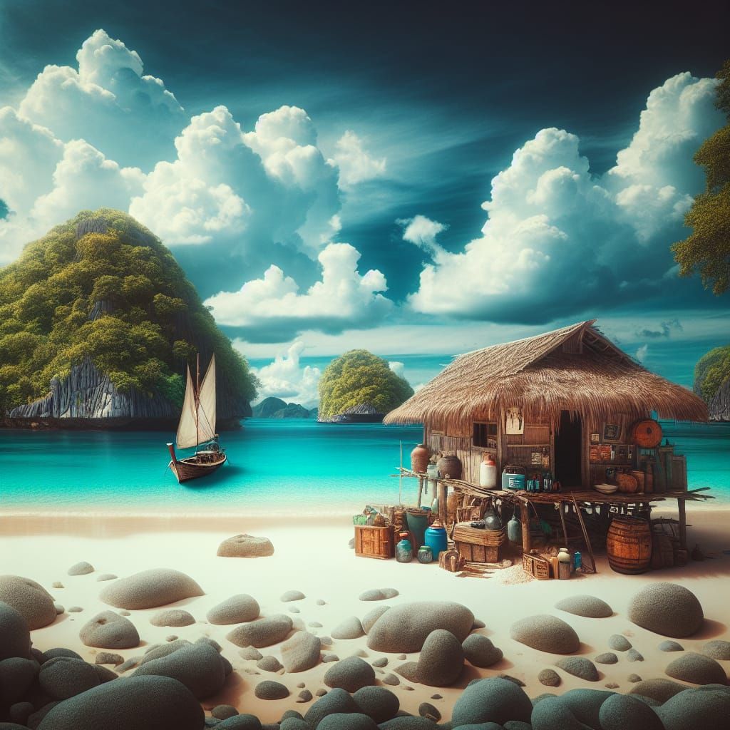 Tranquil Beach Scene with Rustic Hut and Sailboat