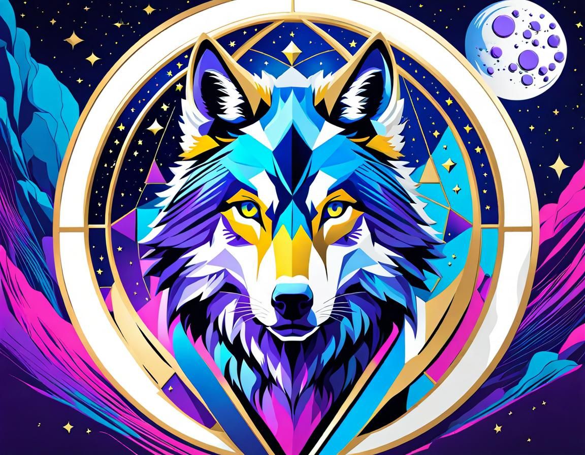Fantasy Wolf Under Starry Night in Pop Art