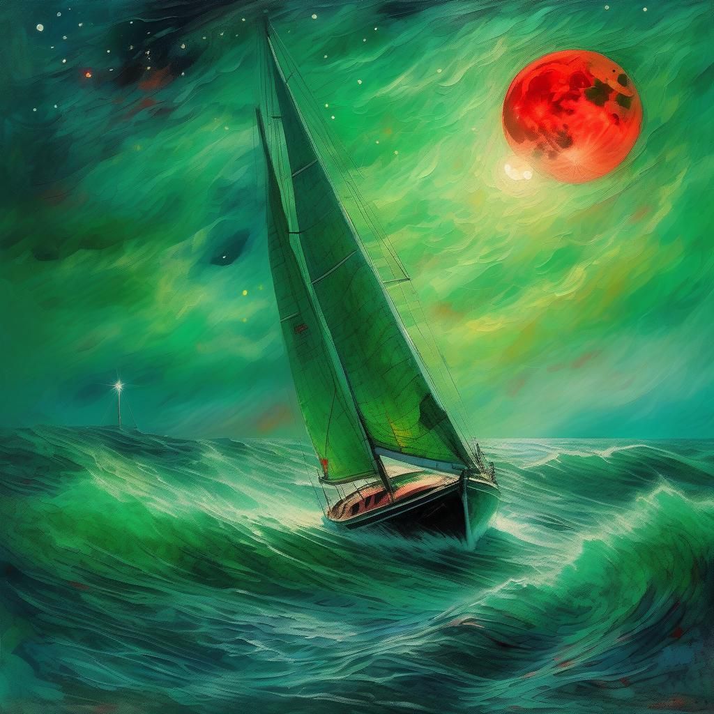 Green Sailboat in Stormy Seas Under Red Moon