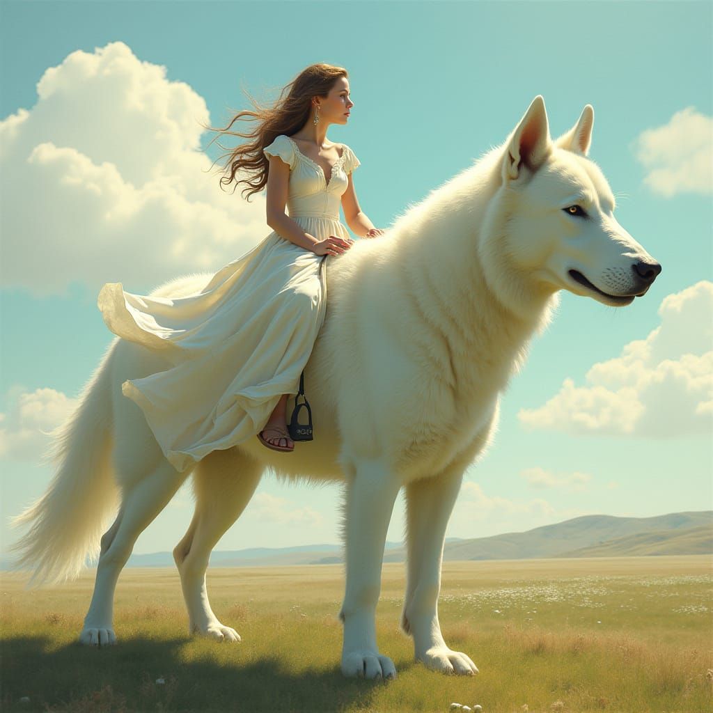 Woman Riding Giant Dog in Dreamy Landscape