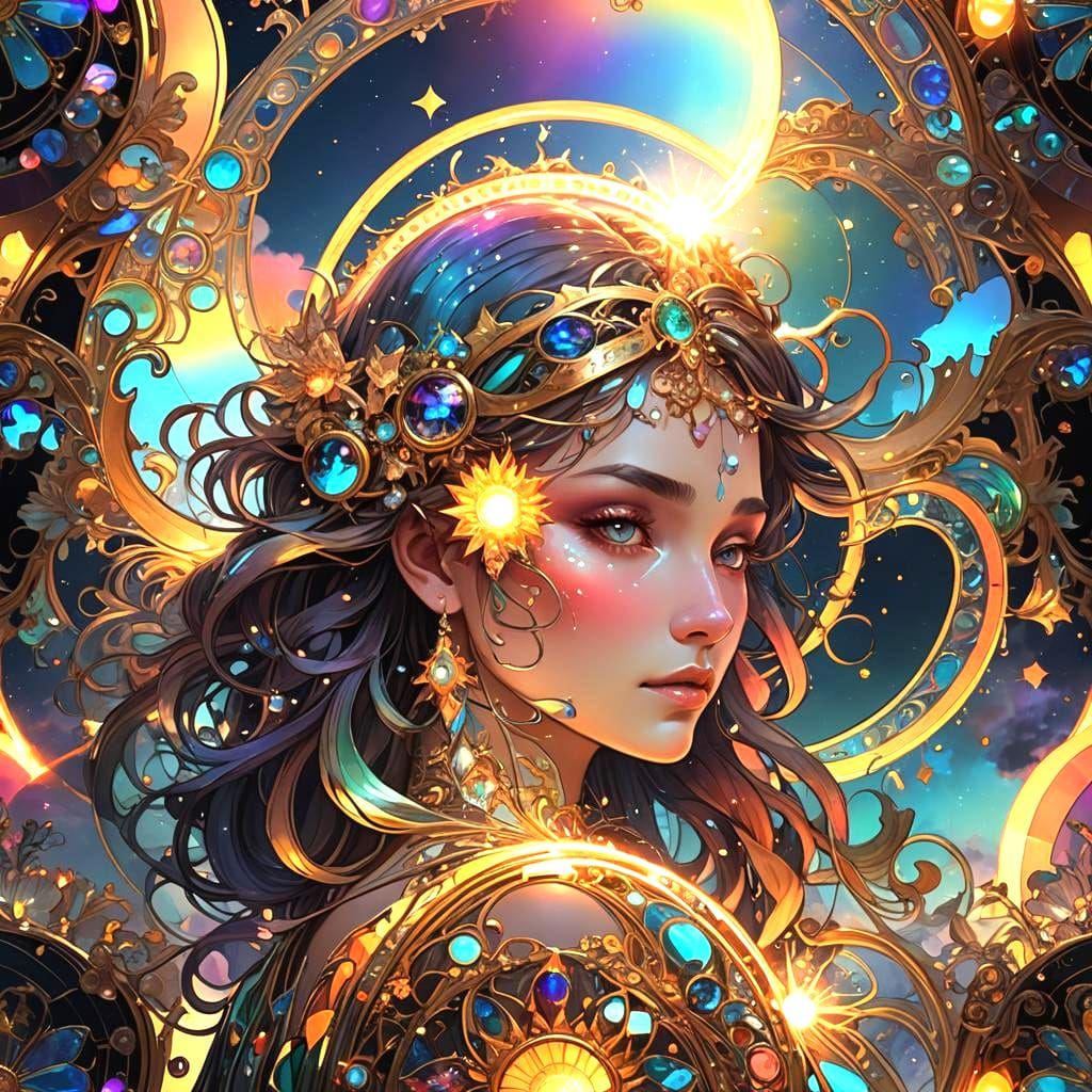 Iridescent Sun Sky Spell, Mucha-Inspired Art