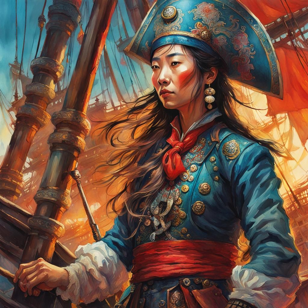 Chinese Pirate Queen in Detailed Watercolor Fantasy