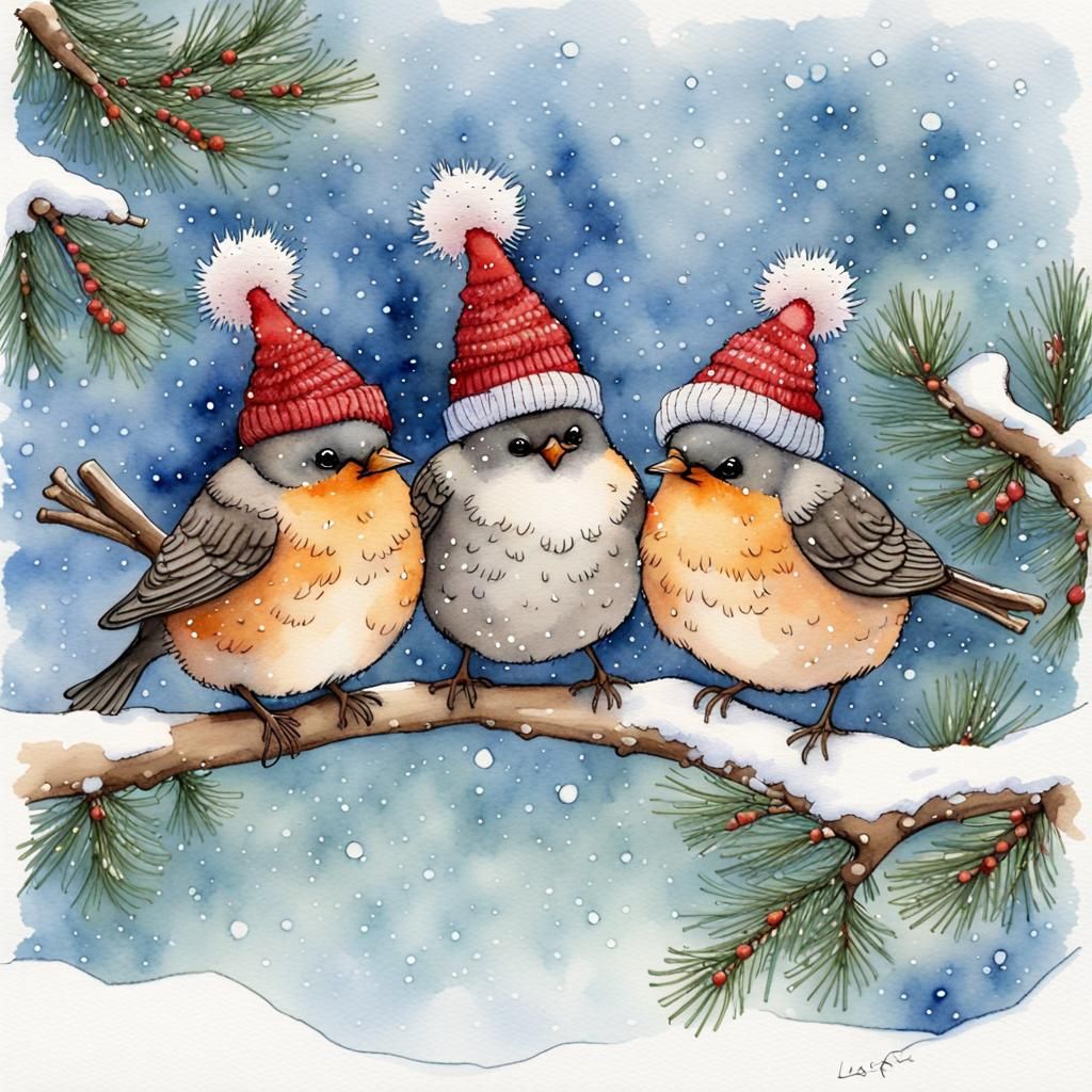 Christmas Songbirds in Winter Wonderland, Watercolor Style