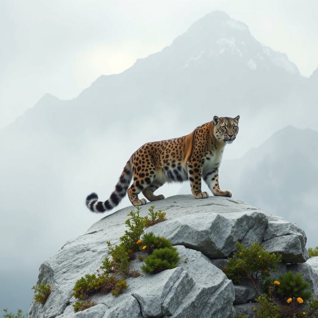Black and Gold Snow Leopard in Mystical Landscape