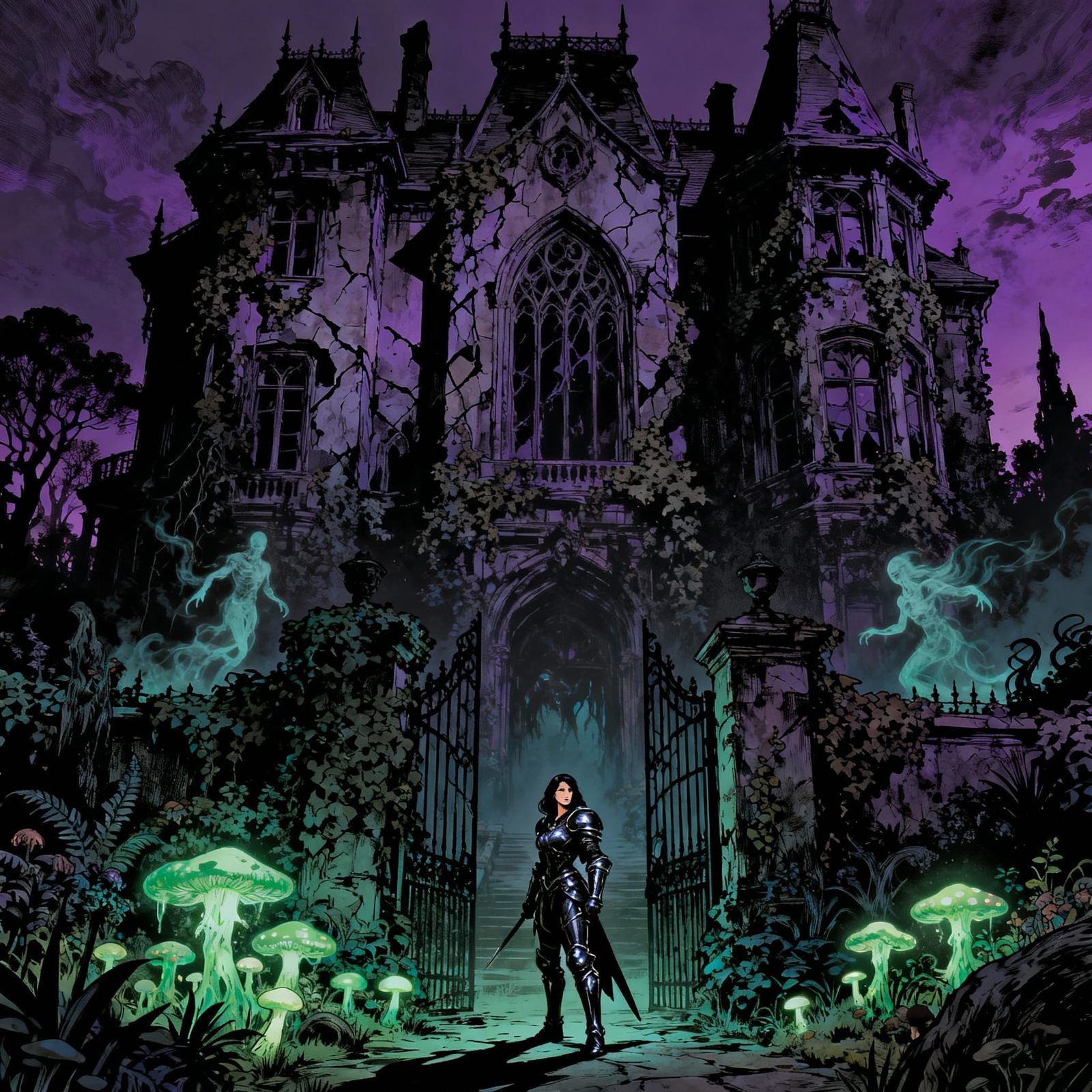 Ancient Gothic Mansion in Twilight with Warrior Woman