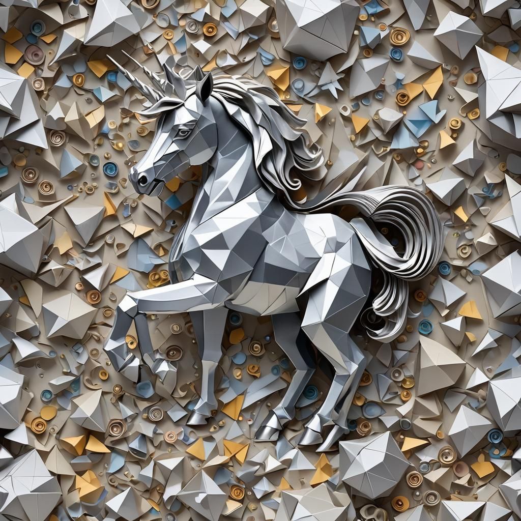 Silver Origami Unicorn Unfolding in Dreamy Digital Art