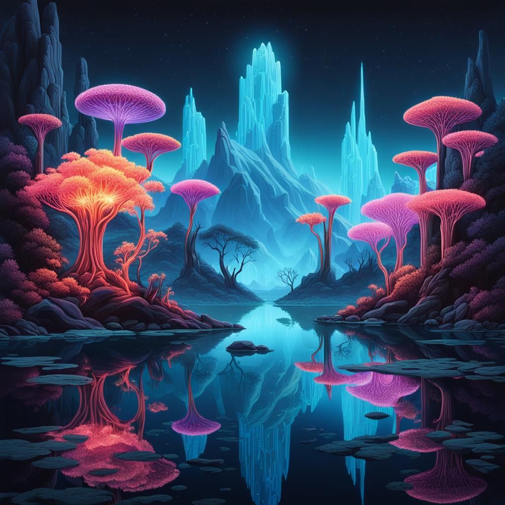 Surreal Neon World with Crystalline Structures