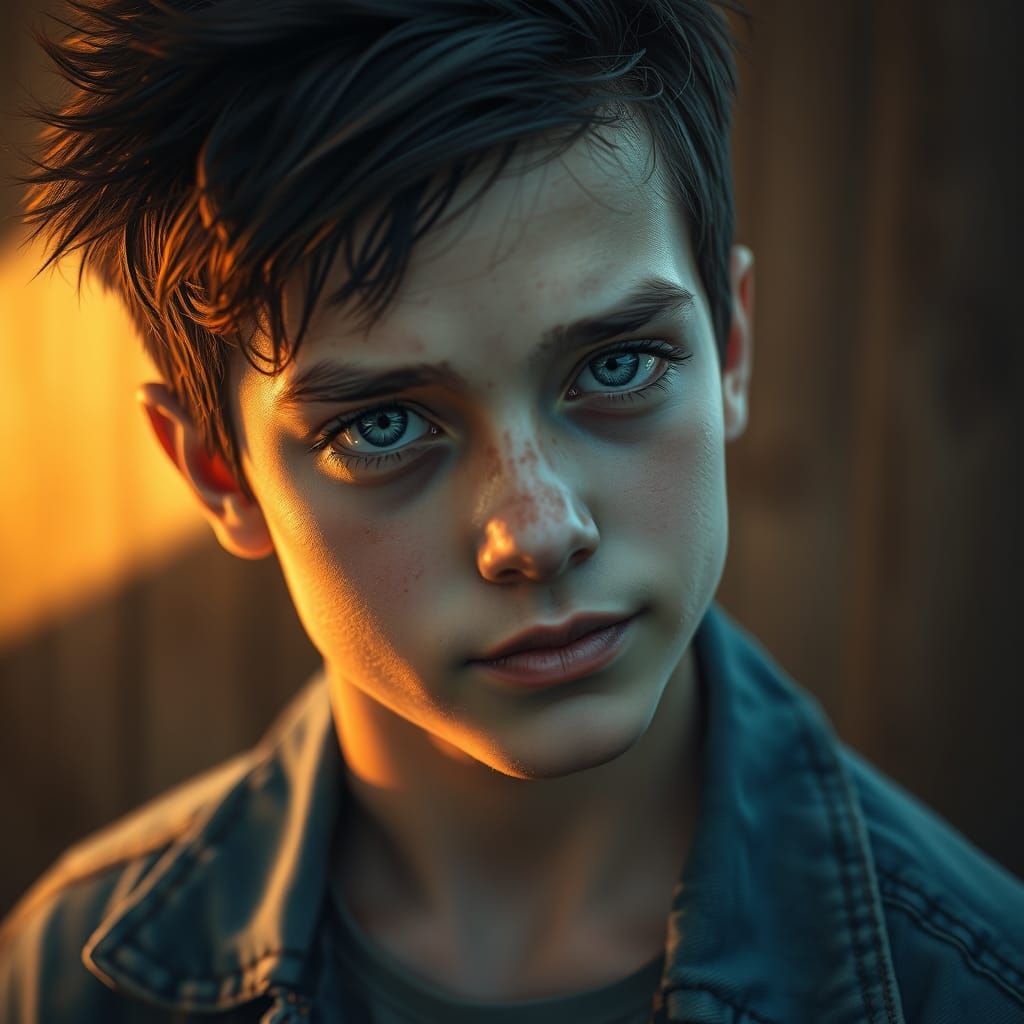 Teenage Boy with Messy Black Hair and Intense Grey Eyes