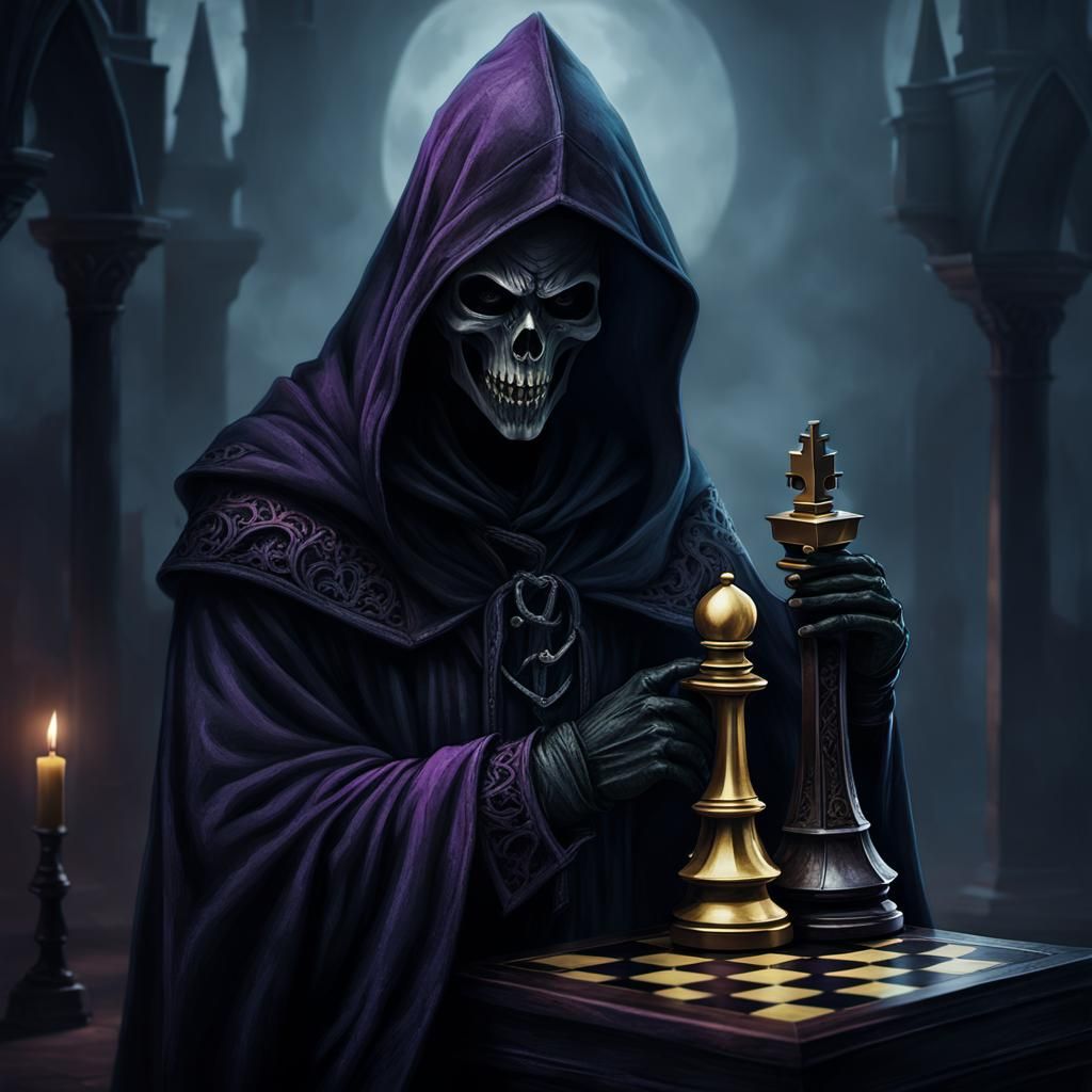 Eerie Grim Reaper with Chess Piece in Dark Fantasy Style