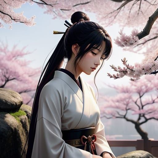 Surreal Samurai Contemplates Cherry Blossoms in Anime Style