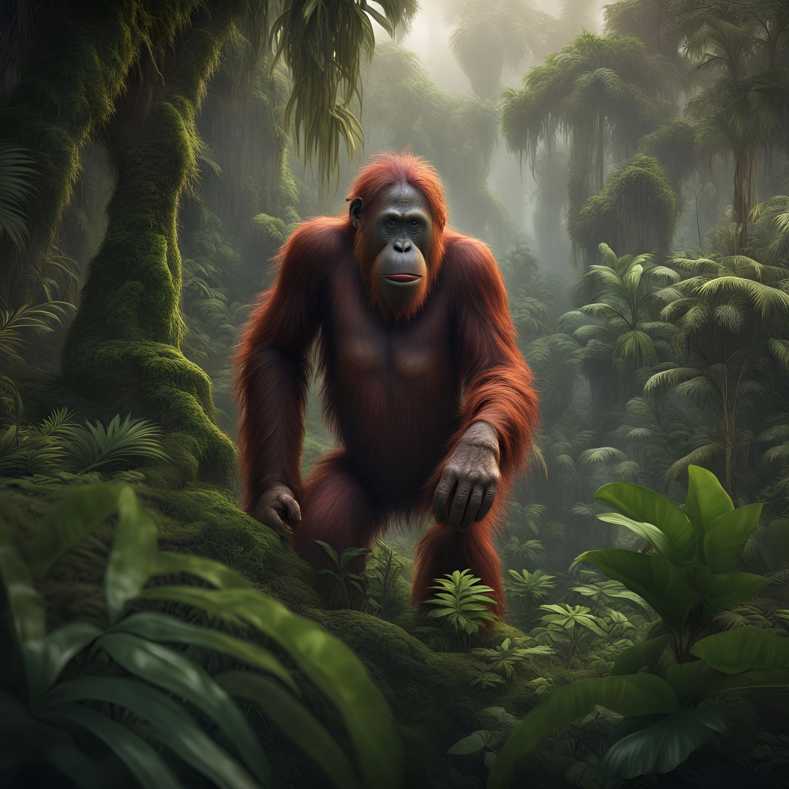 Reddish-Brown Orangutan in Lush Jungle