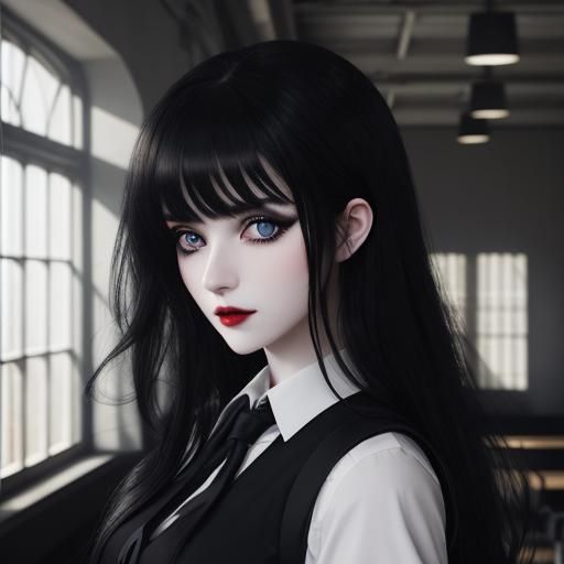 Goth Schoolgirl Portrait in School Hall with Bokeh