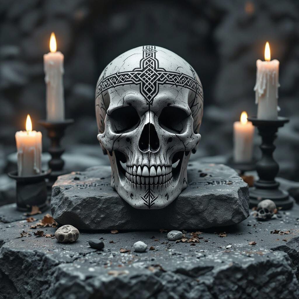 Norse Skull Altar in Grayscale, Moody Art