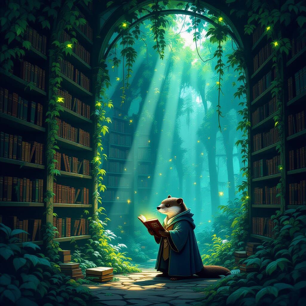 Overgrown Library in Bioluminescent Forest with Scholar Otte...