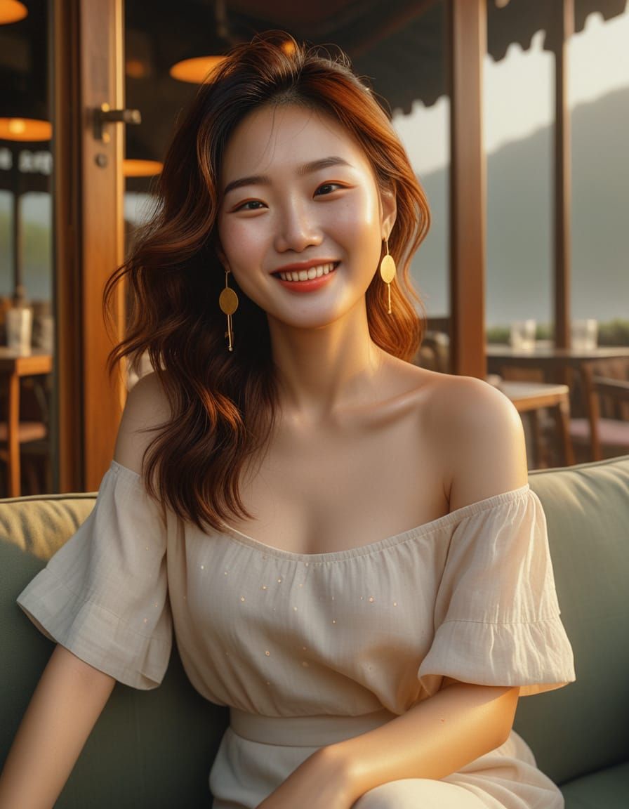 Korean Woman Smiling in Cafe: Romantic Realism Painting