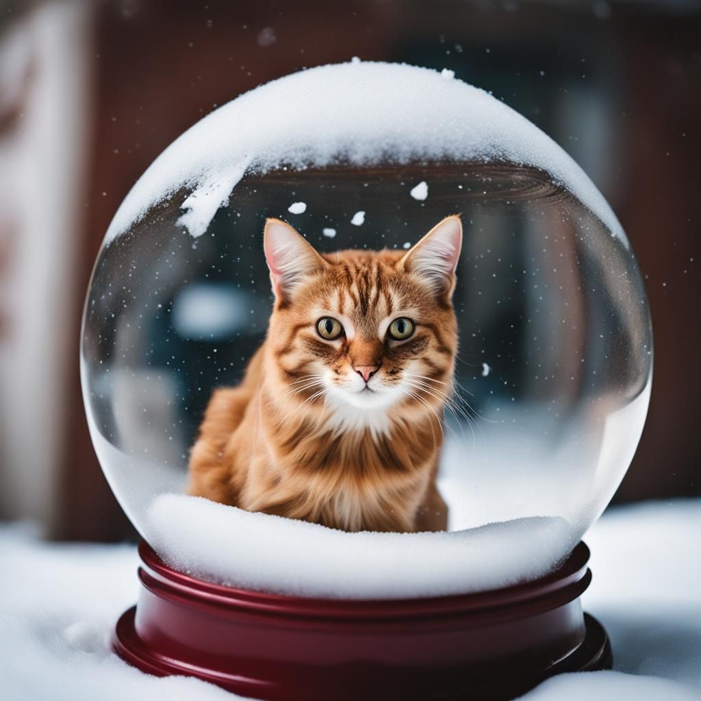 Enchanting Cat Inside a Winter Snow Globe