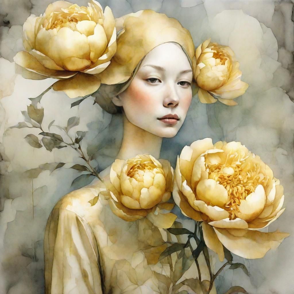 Double Exposure Portrait with Golden Peonies Watercolor