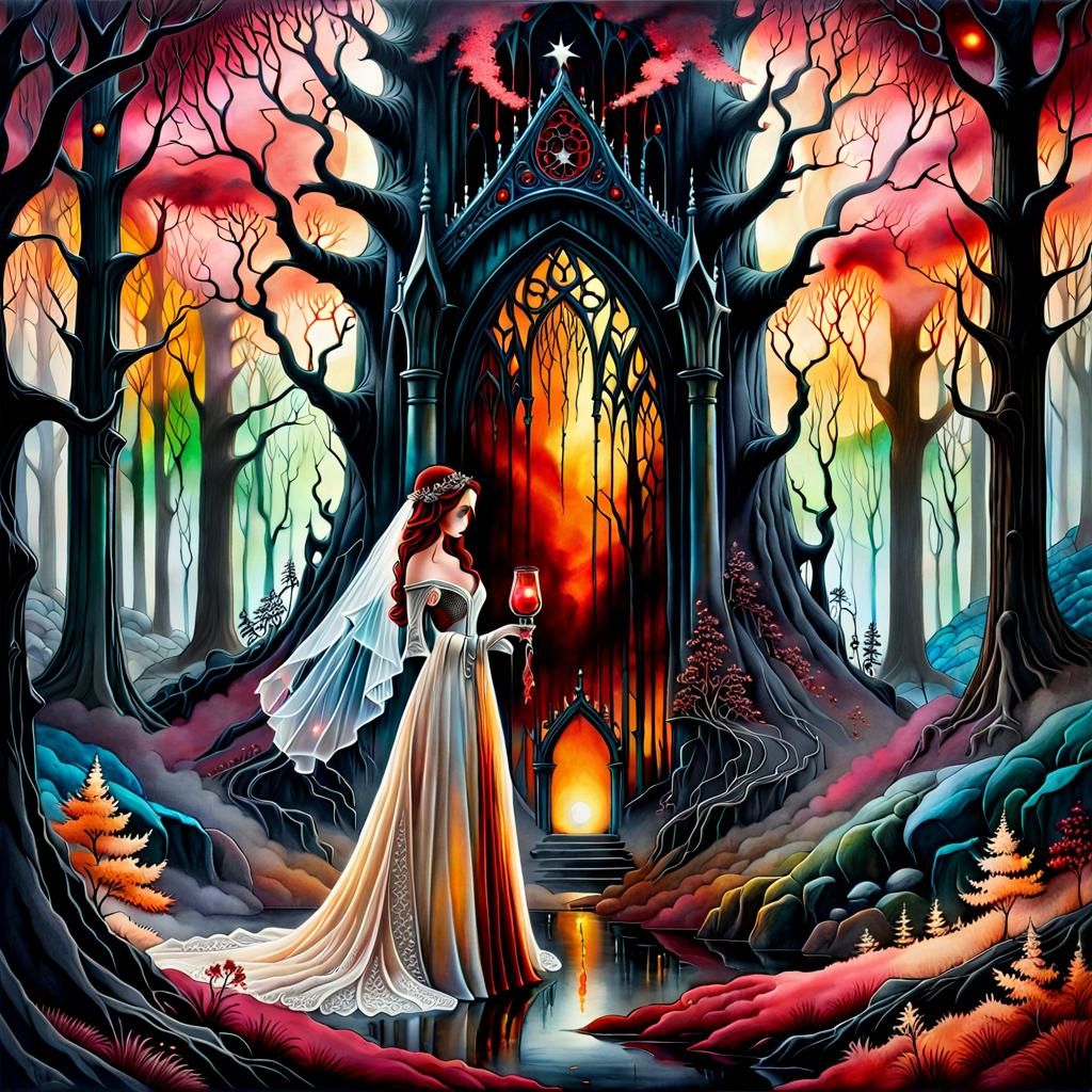 Gothic Bride in Haunted Forest with Amber Mist