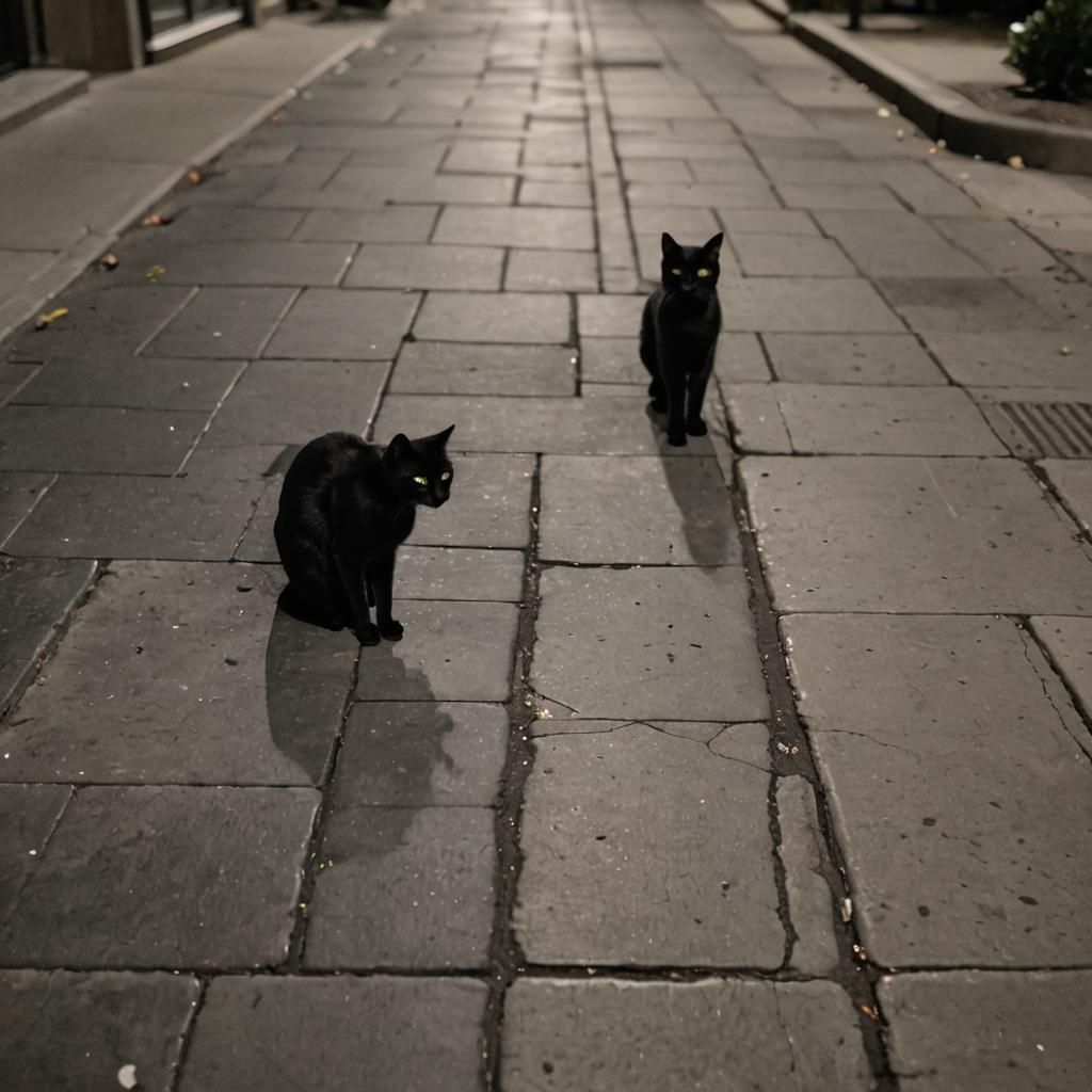 Black Cat Plays on Sidewalk at Night