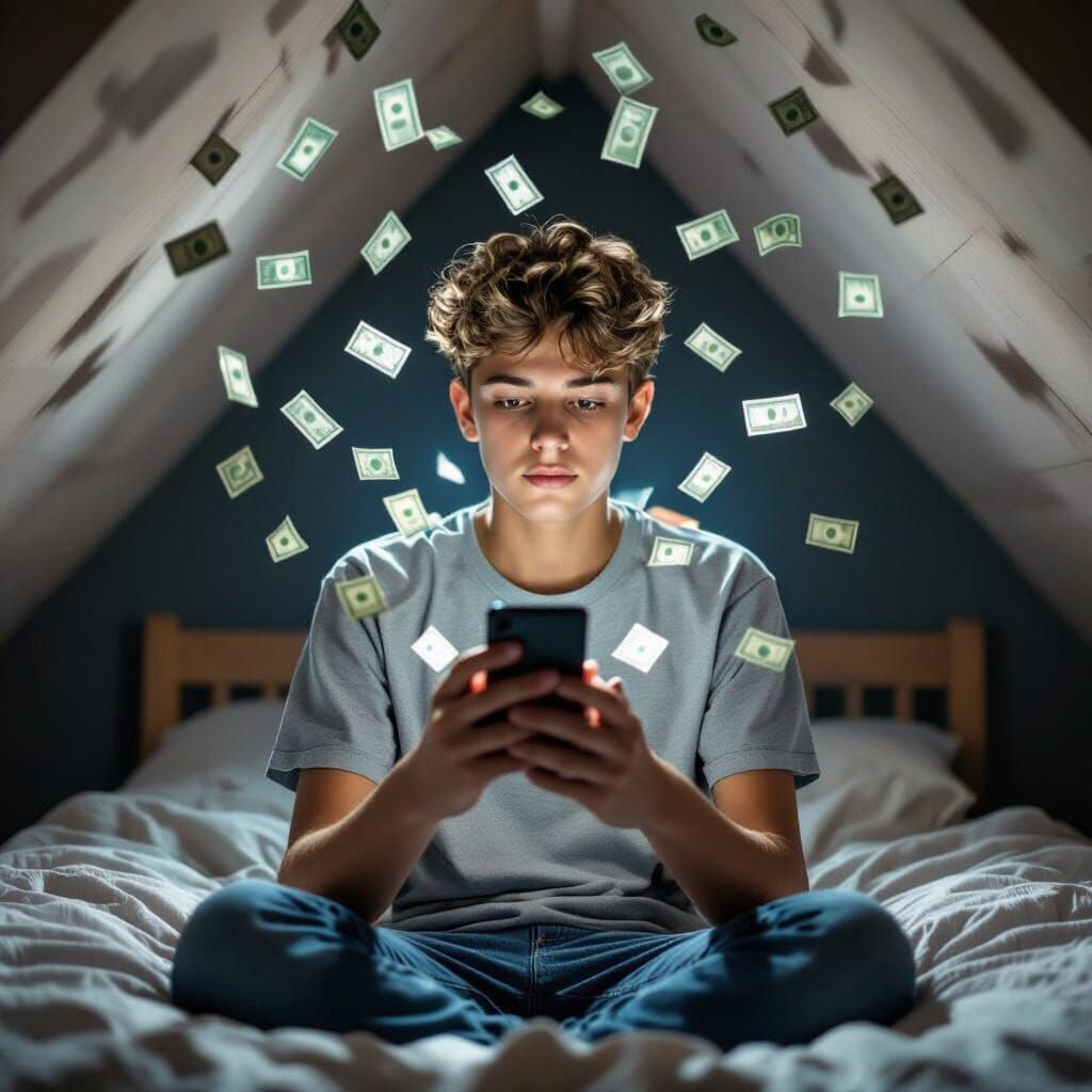 Teenager Gaming in Dark Room with Falling Money