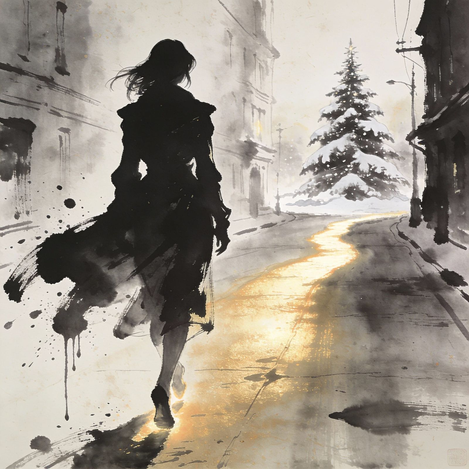 Woman Walking on Snowy Path Towards Christmas Tree