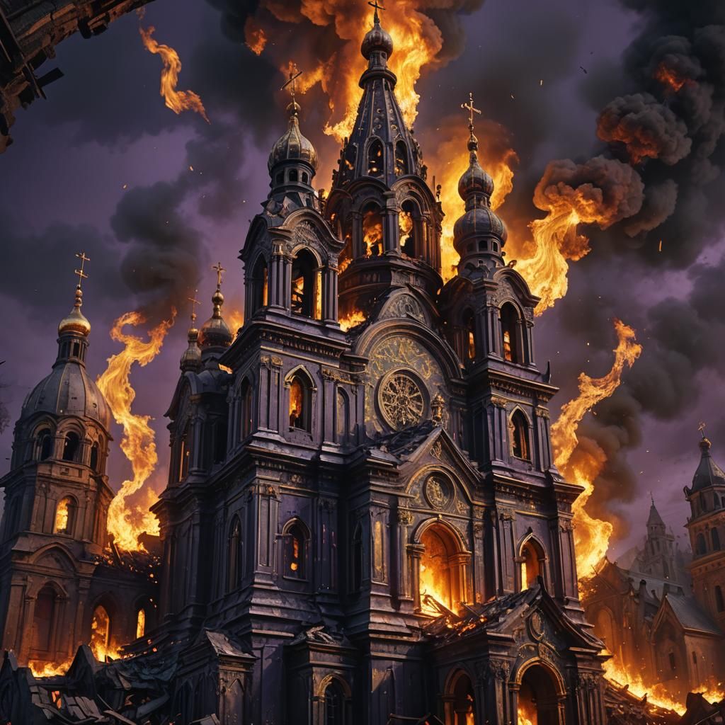 Ruined Church Engulfed in Flames: Dark Fantasy Art