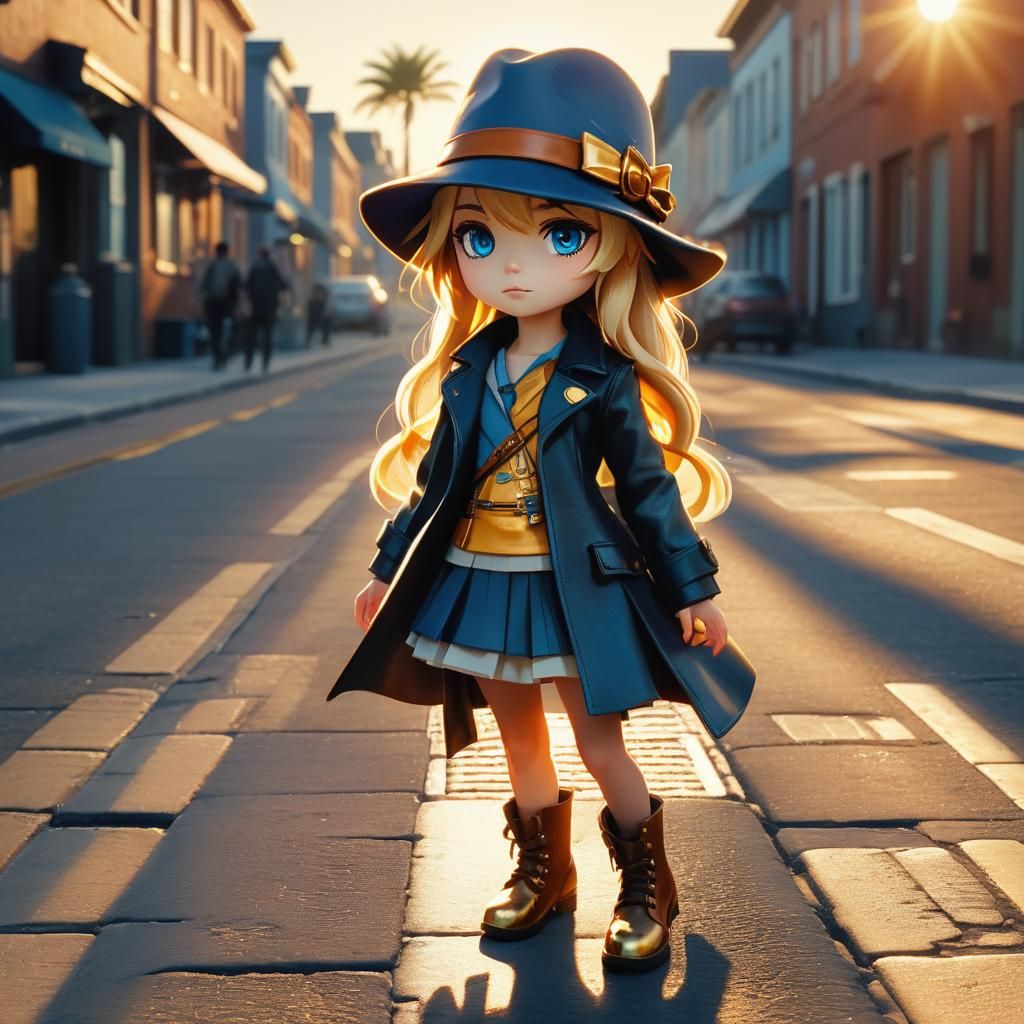 Chibi Woman on Port Street in Golden Hour