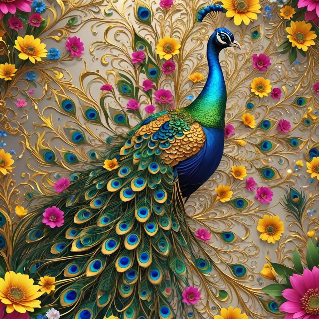 Metallic Peacock Among Flowers in 3D Animation