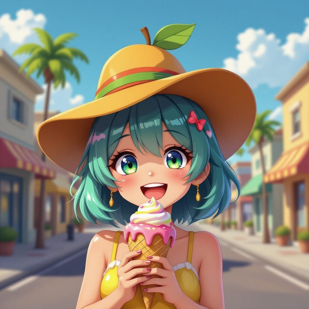 Anime Style Ice Pop with Bright Eyes and Apricot Hat