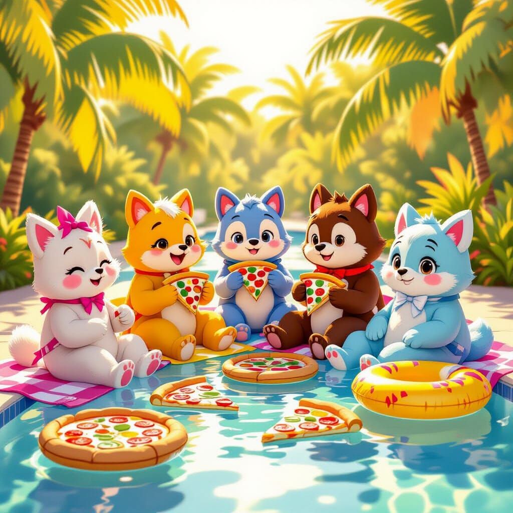 Whimsical Animal Characters Celebrate at a Vibrant Pool Part...