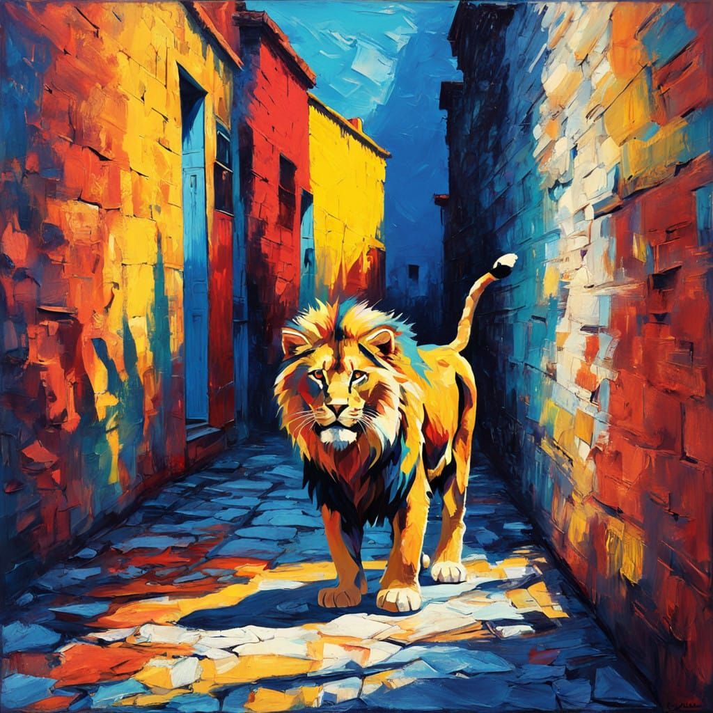 Lion in Disguise: Whimsical Street Scene