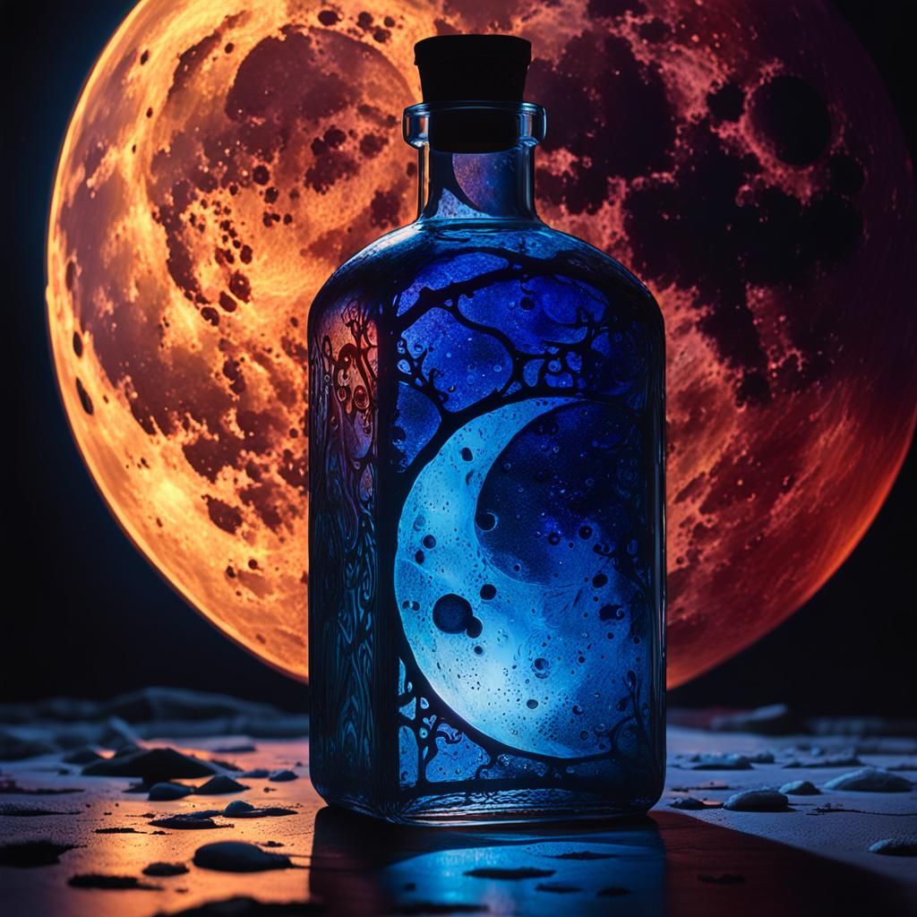 Blood Moon in Glass Bottle: Dark Fantasy Art