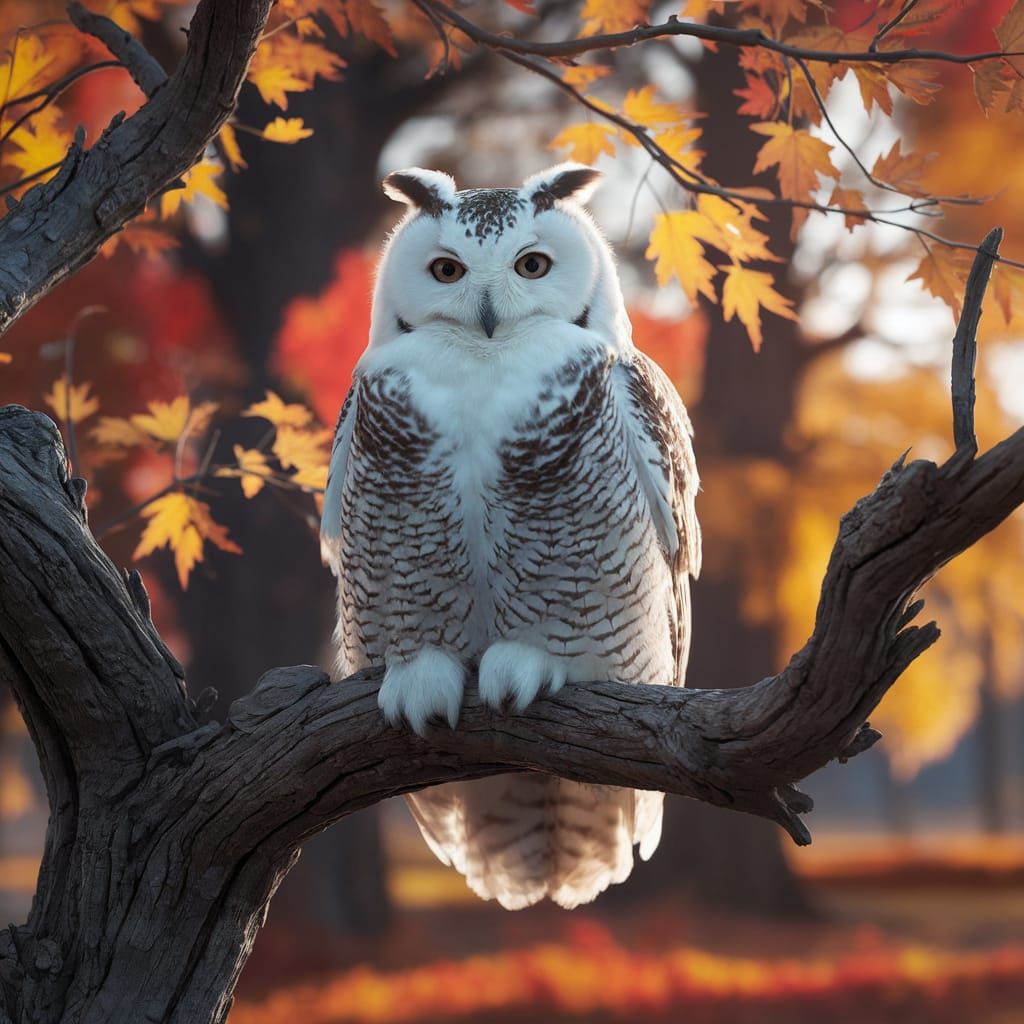 A majestic snowy owl perched gracefully on a twisted oak tree branch in a serene autumn forest.