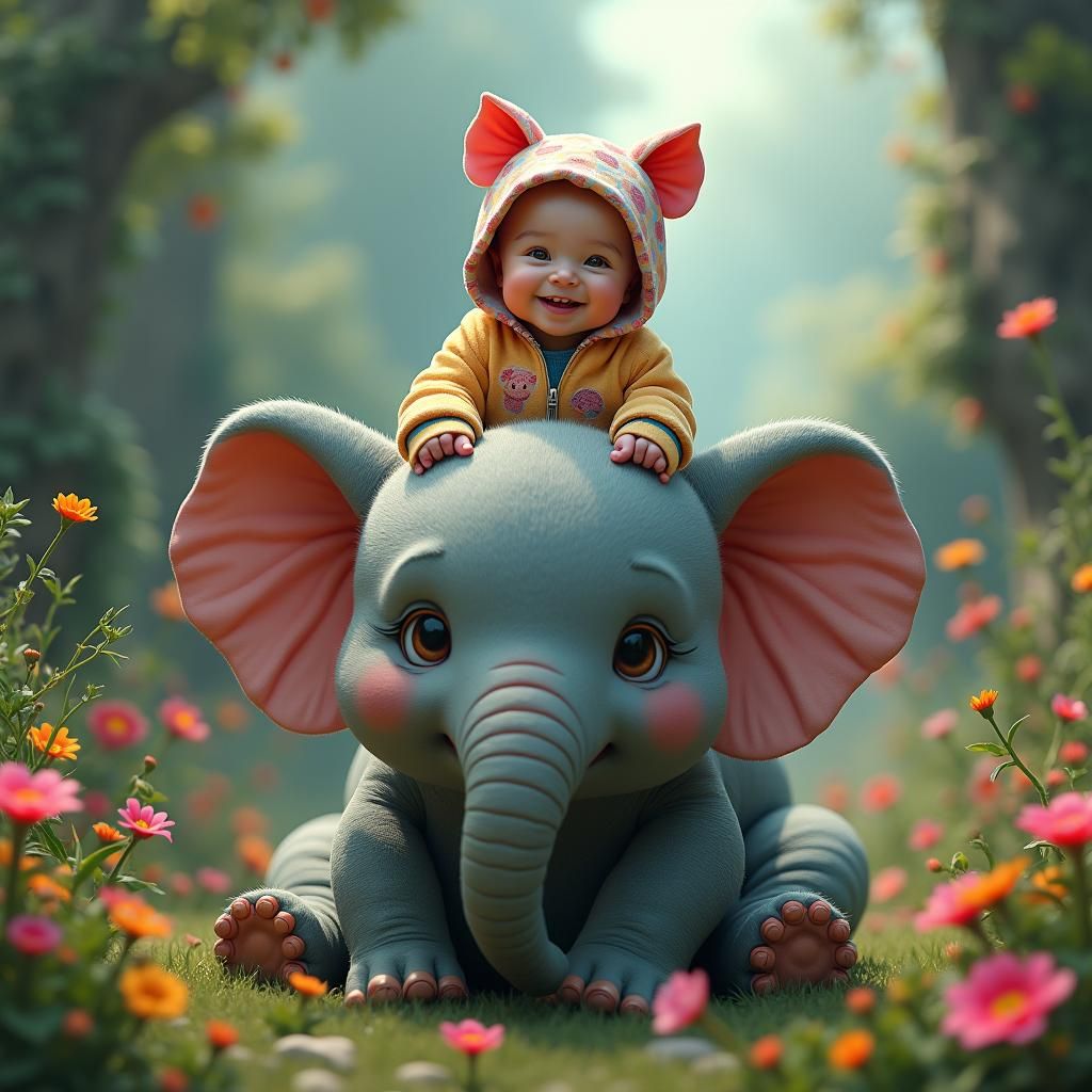 Baby on Elephant in Dreamlike Fantasy Art Style