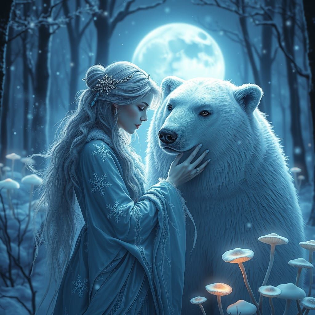 Winter Fairy in Moonlit Forest with Polar Bear, in Cyberpunk...