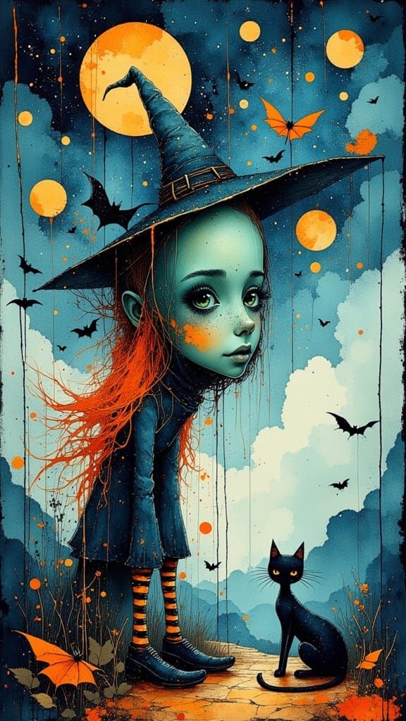 Whimsical Blue Tree with Witch Girl and Cat