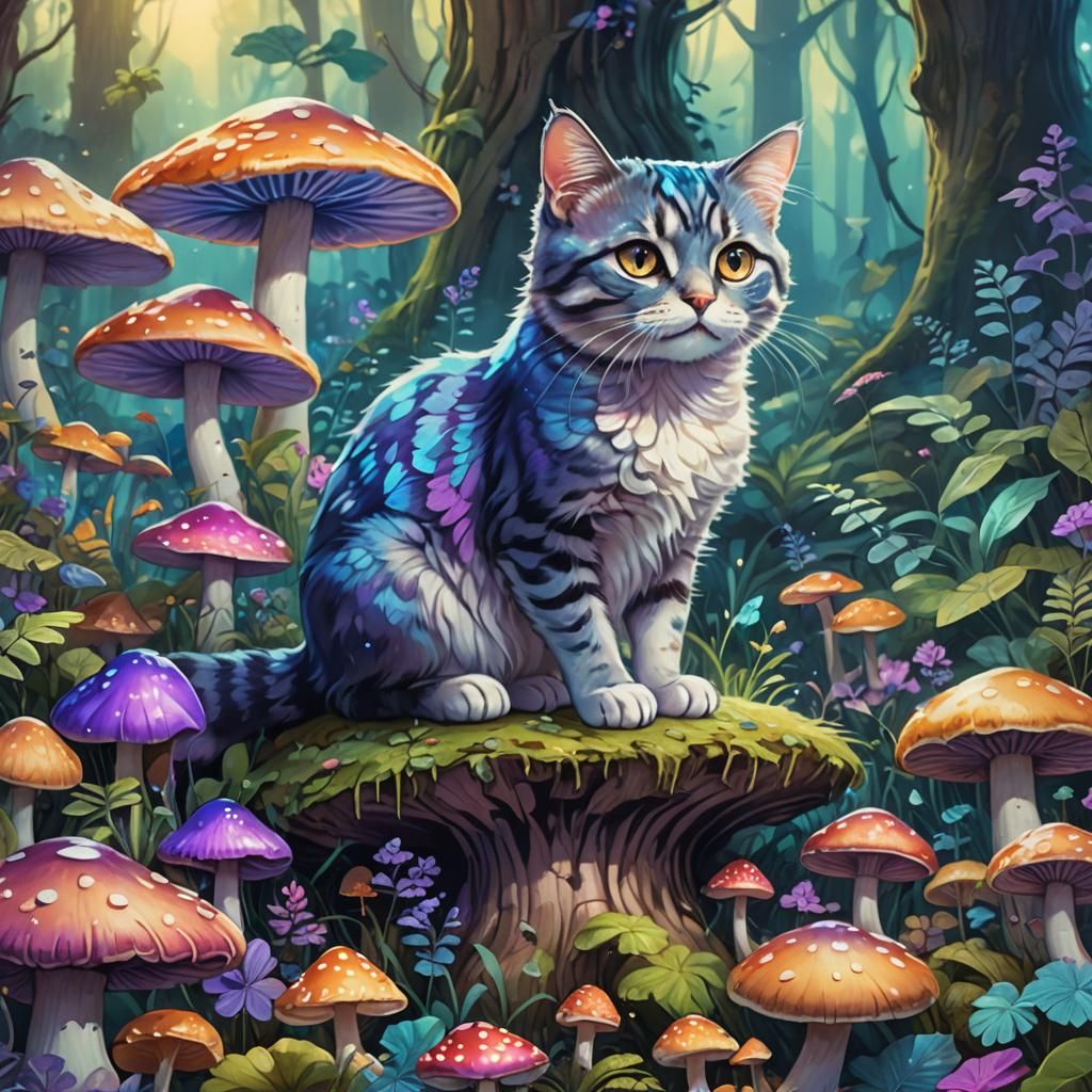 Cute Cat on Mushroom in Mystical Forest