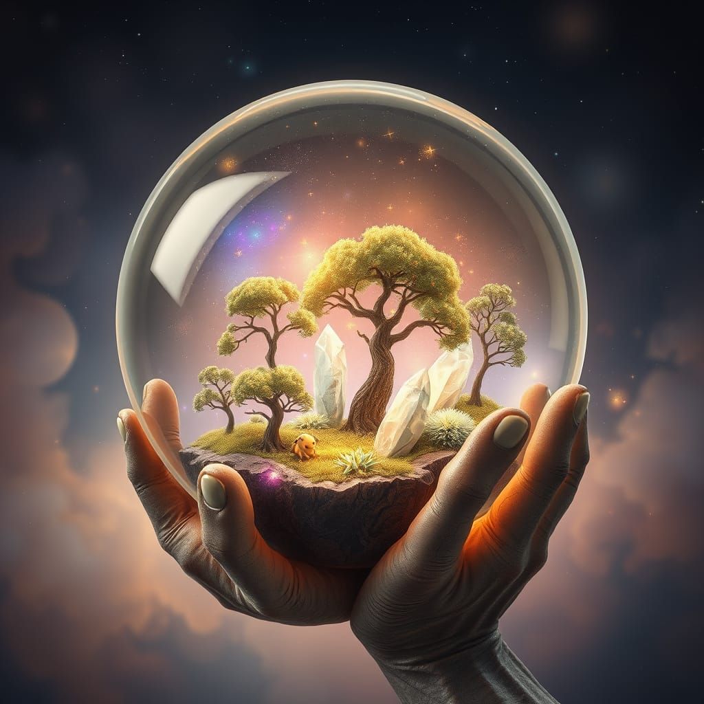 Fantasy Ecosystem in Glass Orb Held by Cosmic Hands