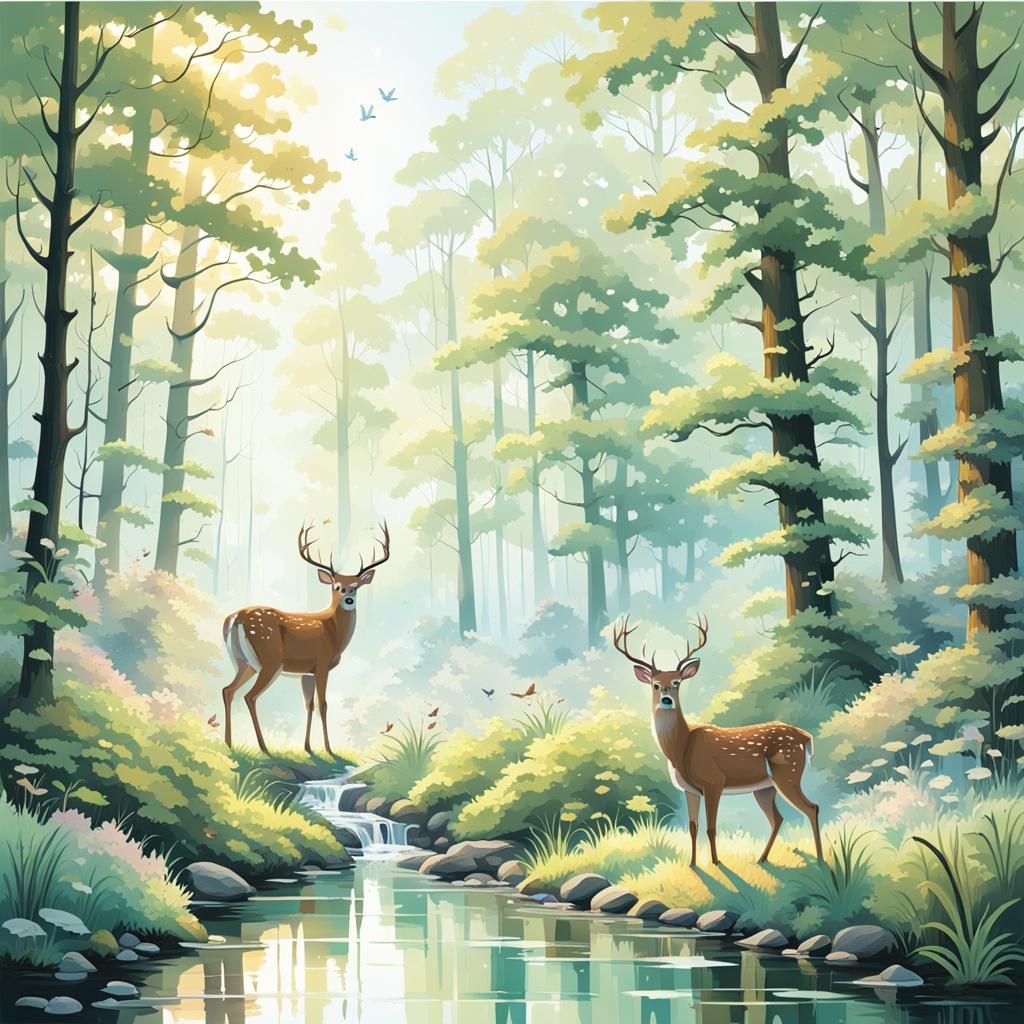 Sunlit Forest Scene with Deer in Watercolor Style