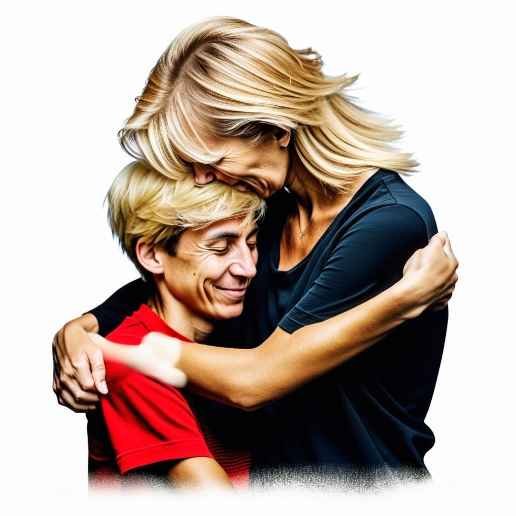 One Young boy age 13 (with blonde hair:3.0) hugging one mother with (medium blonde hair:3.0), somberli expressions