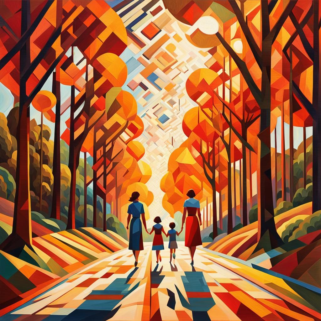 Cubist Mother and Daughter Walk in Autumn Sunlight