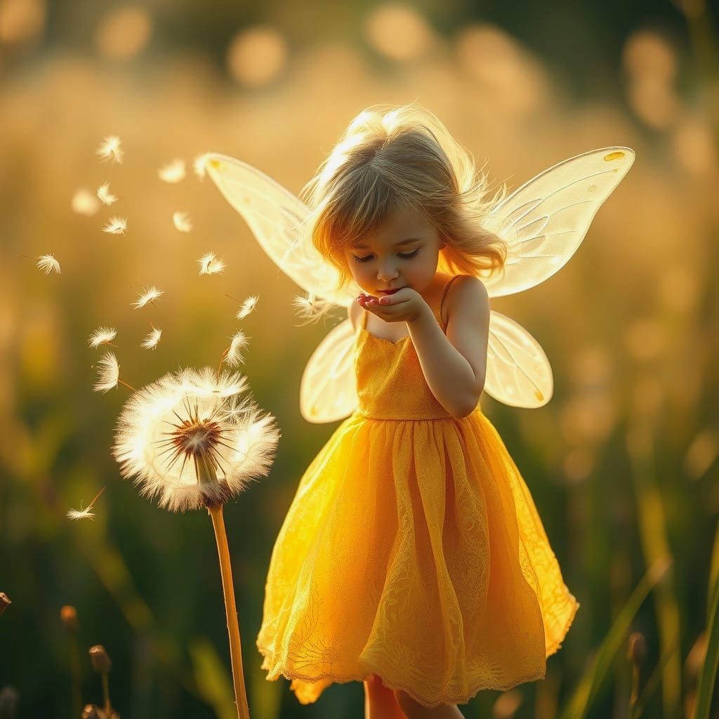 Whimsical Fairy in Golden Dress Blows Dandelion Seeds