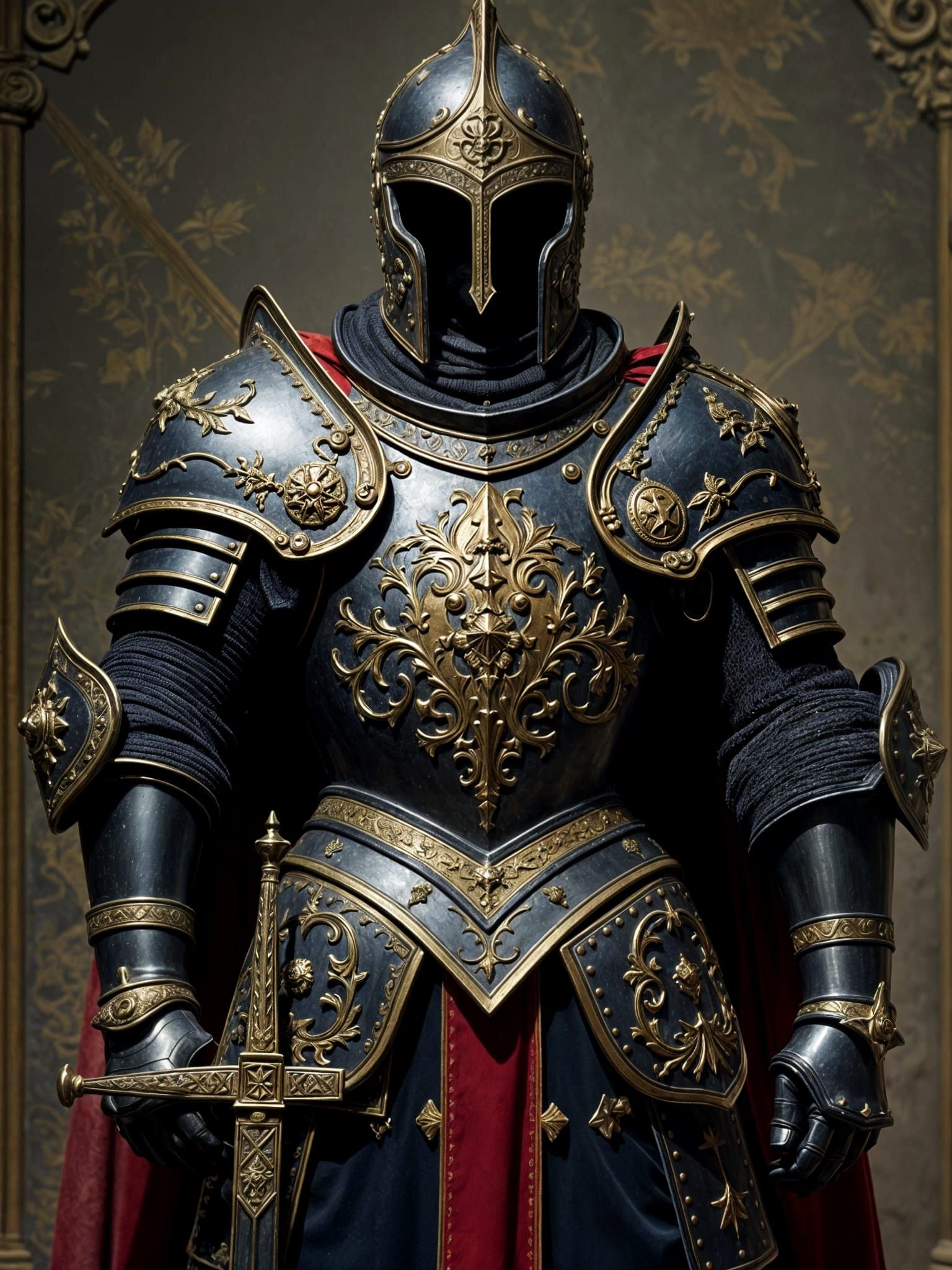 Ornate Gold-Inlaid Medieval Knight with Broadsword