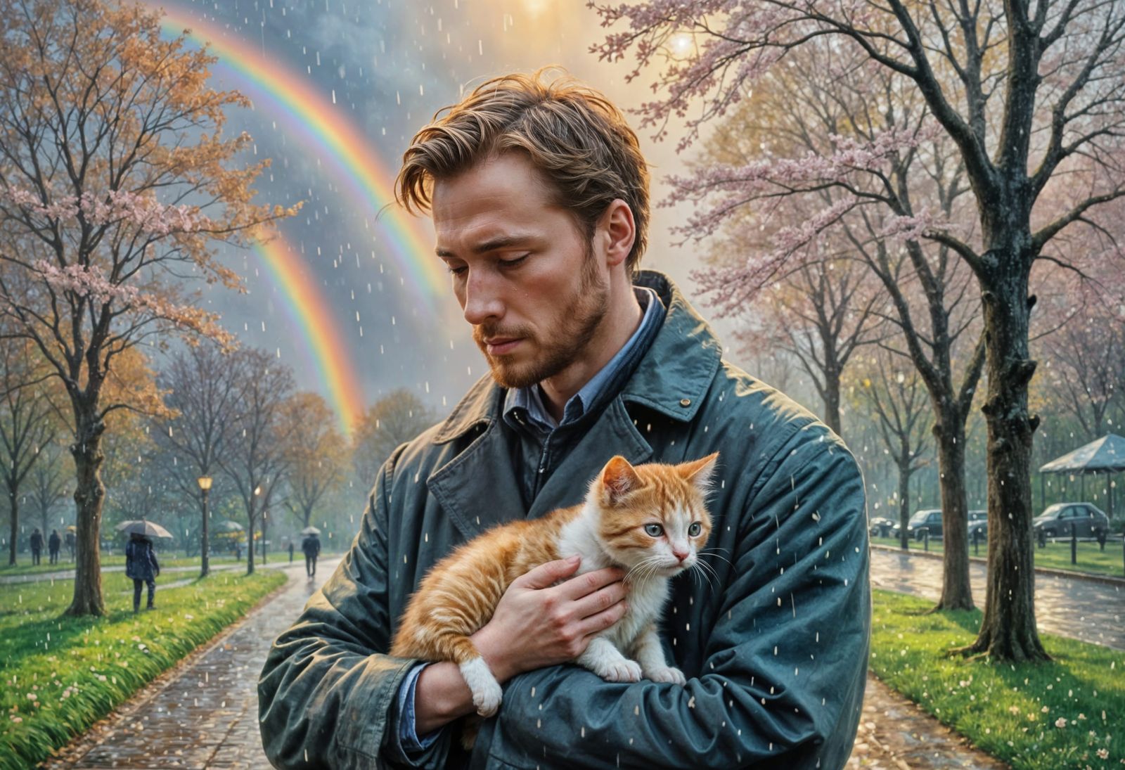 Impressionist Painting: Man and Kitten Under Rainbow